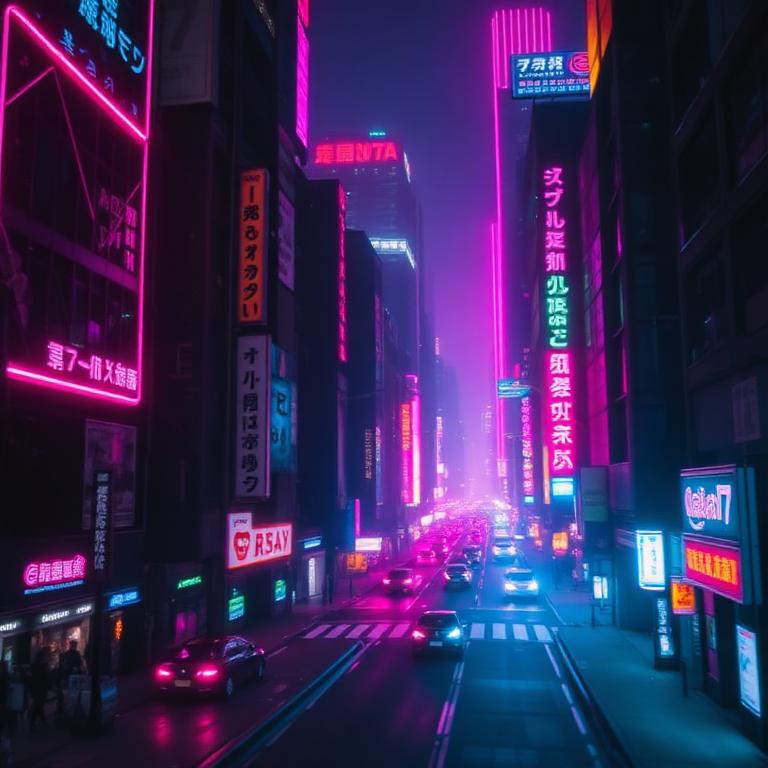 Neon cyberpunk city street at night