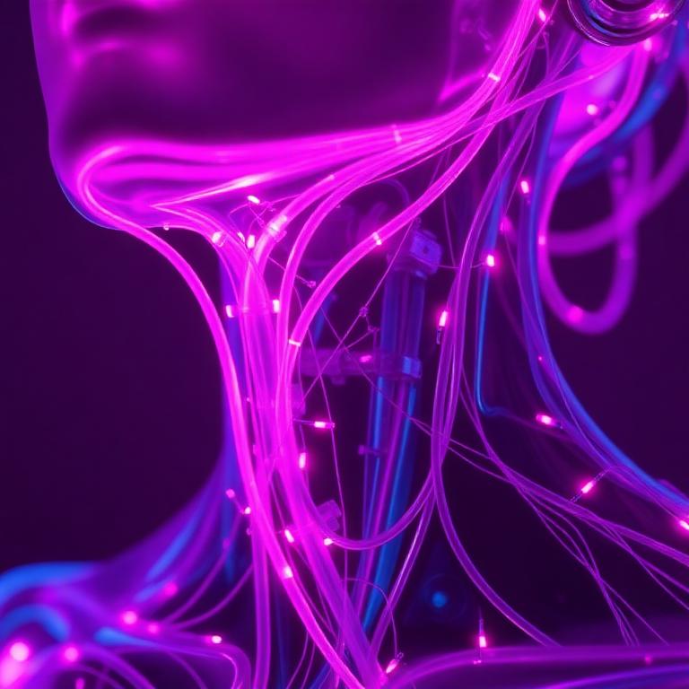 Glowing magenta conduits under synthetic skin