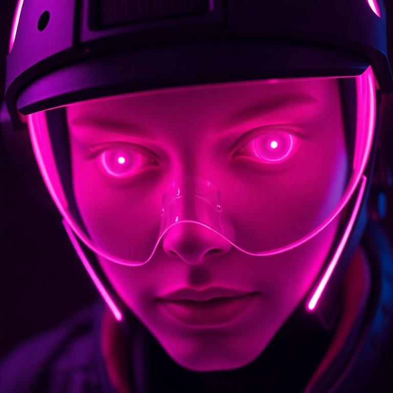 Close-up of a glowing pink cyberpunk visor